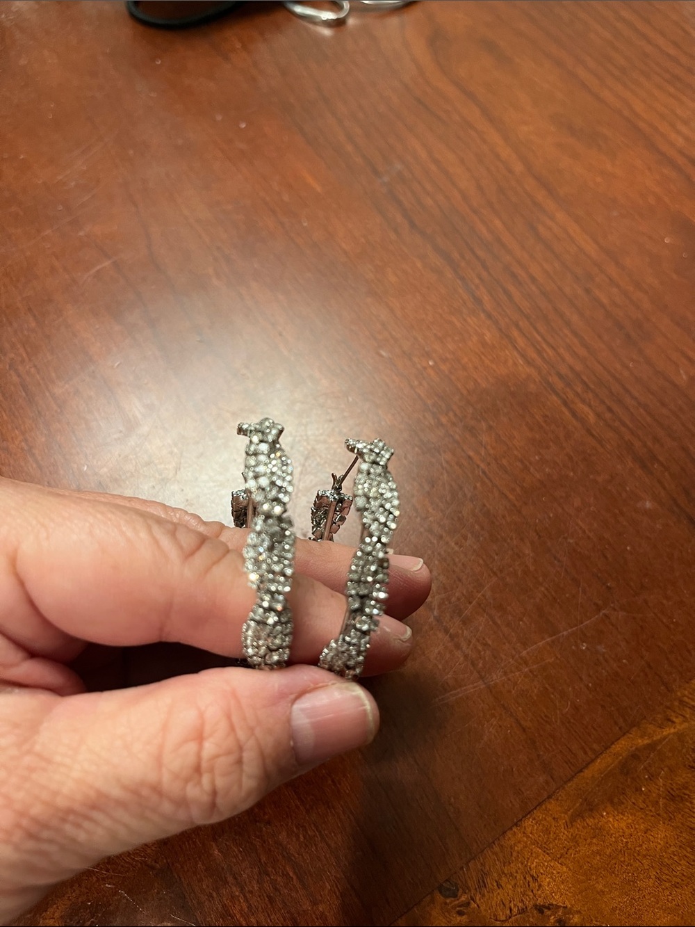 Large rhinestone hoops earrings on silver - hard to find vintage look